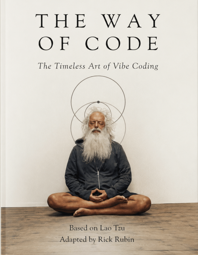 Portada del libro digital interactivo The Way of Code: The Timeless Art of Vibe Coding, adaptado por Rick Rubin a partir de las enseñanzas de Lao Tzu sobre la codificación basada en inteligencia artificial.