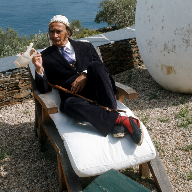 Salvador Dalí descansa en el jardín de su residencia y taller de Portlligat (Cadaqués), un espacio laberíntico frente al mar Mediterráneo que el genio del surrealismo transformó en su obra de arte más personal.