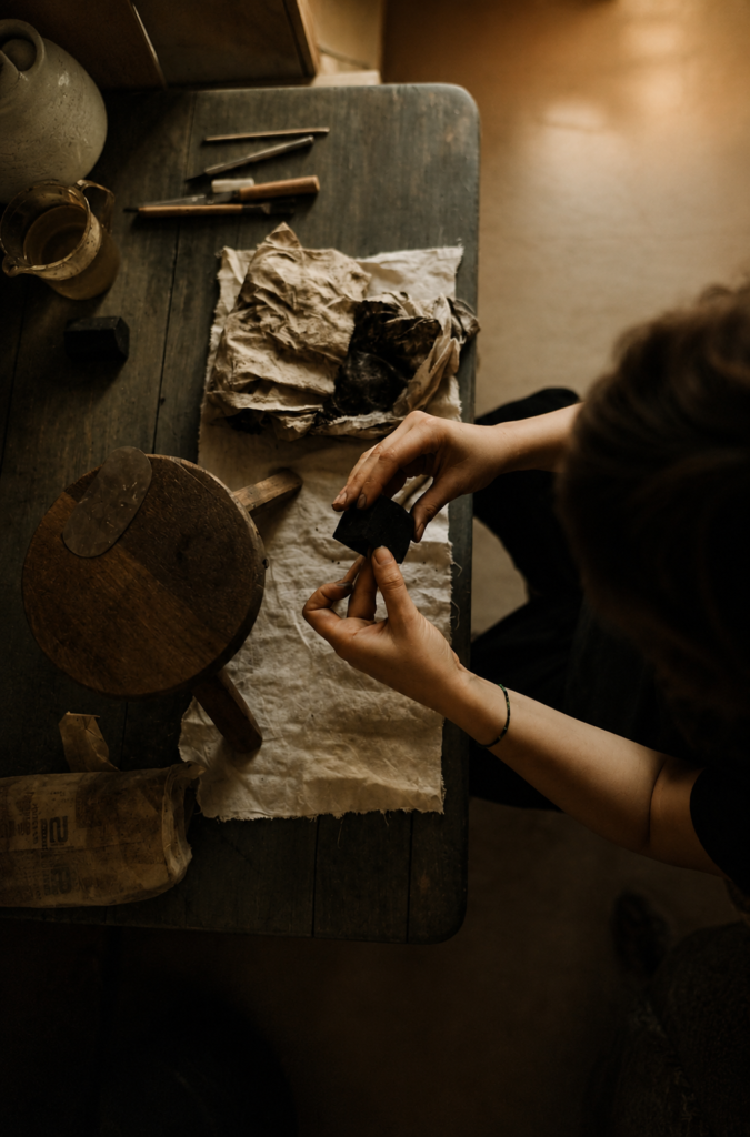 Fotografía cenital de una artesana trabajando con texturas orgánicas, papel artesanal y carbón vegetal en un taller de diseño estilo wabi sabi, rodeada de herramientas rústicas de madera y cerámica.