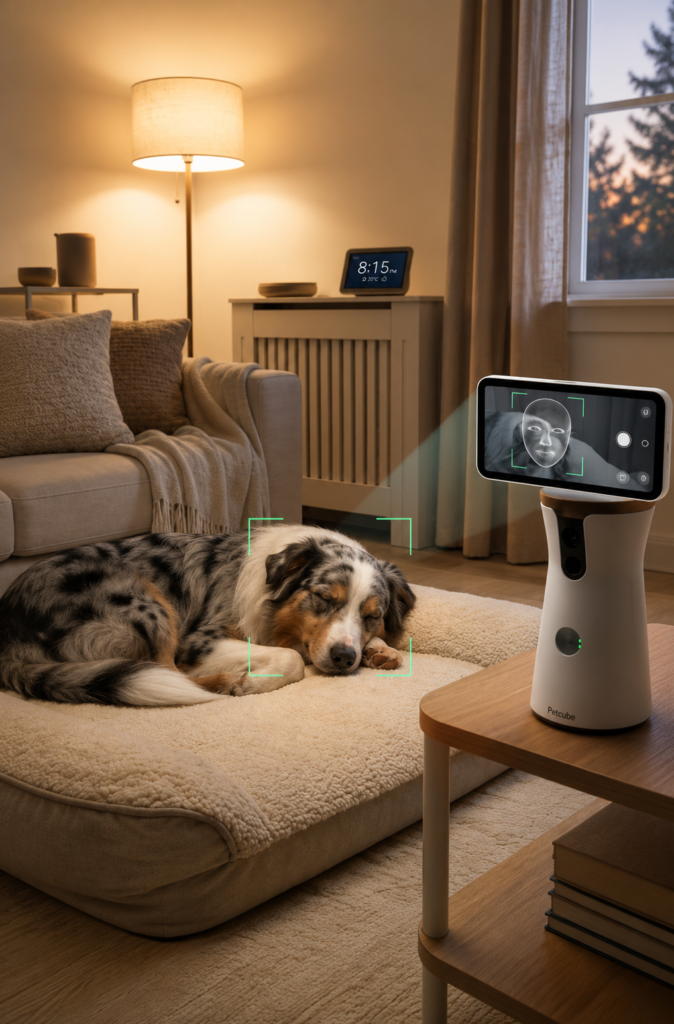 Un perro pastor australiano dormido en su cama mientras la cámara inteligente Furbo 360 y su servicio de inteligencia artificial Furbo Nanny analizan sus patrones de sueño y muestran el reconocimiento facial en un smartphone.