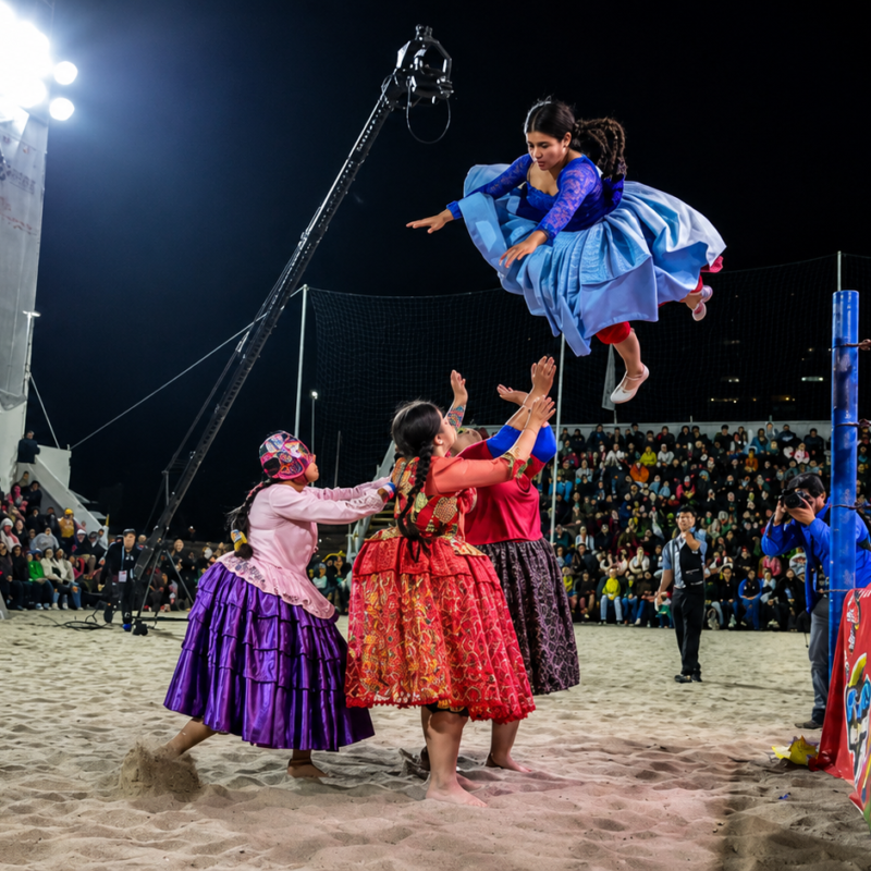 Cuatro cholitas luchadoras bolivianas en un ring de lucha libre sobre la arena de playa en Arena Cavancha, Iquique, Chile. Una de las luchadoras ejecuta un salto aéreo con su pollera tradicional celeste extendida mientras sus compañeras esperan abajo para recibir el impacto, frente a un público masivo por la noche.