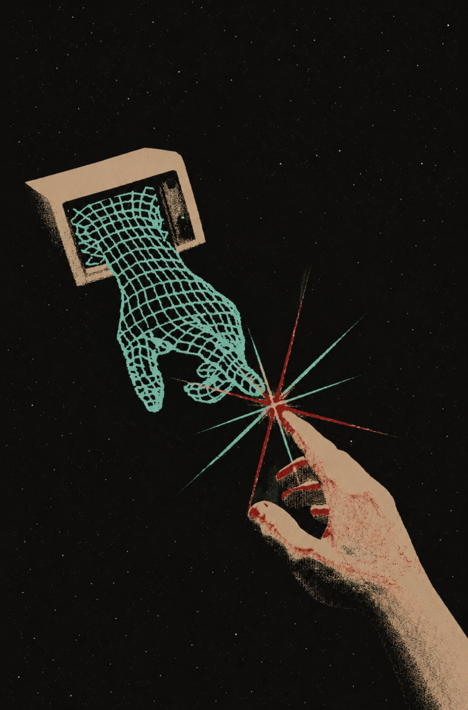 Ilustración retrofuturista de estilo cyberpunk en fondo negro, donde una mano humana física toca la punta del dedo de una mano digital holográfica con cuadrícula verde que emerge de una pantalla de computadora antigua CRT, generando un destello de luz.