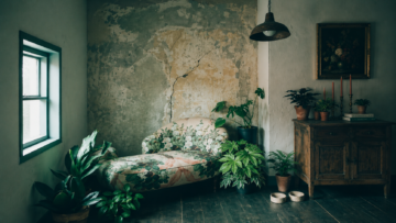 La belleza de lo imperfecto: qué es el wabi-sabi y cómo reconocerlo Rincón de descanso estilo wabi sabi con una pared envejecida con grietas naturales, un diván clásico con estampado botánico, abundante vegetación interior y un mueble rústico de madera oscura.