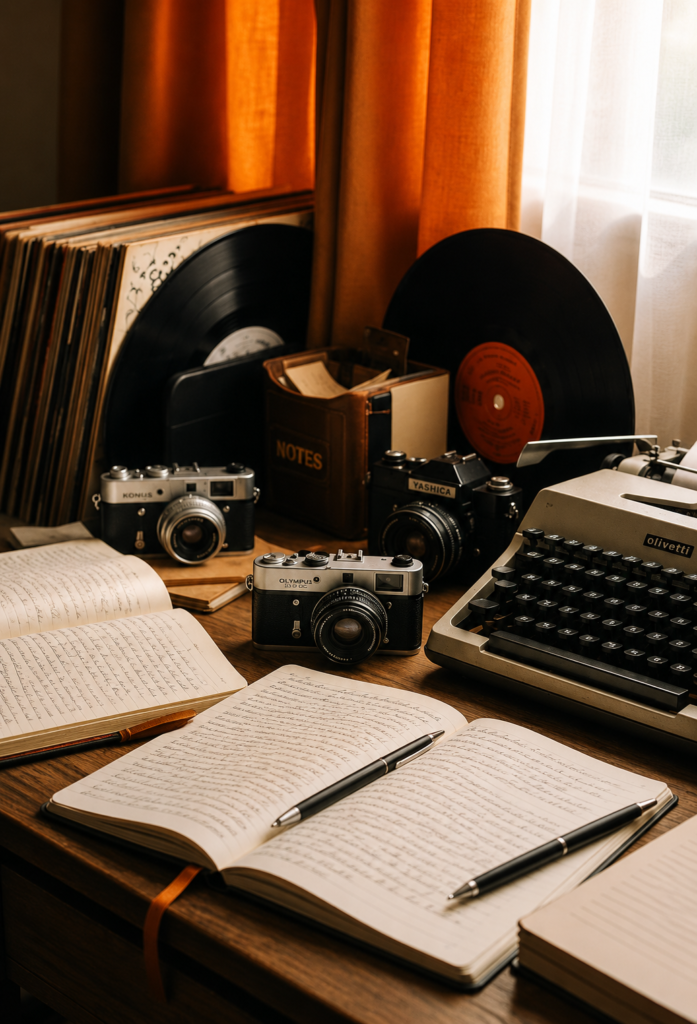 Fotografía en plano detalle con iluminación cálida de un escritorio de madera antiguo que contiene una máquina de escribir mecánica clásica, cuadernos abiertos con notas a mano, bolígrafos, tres cámaras fotográficas analógicas de 35mm y discos de vinilo de música al fondo.