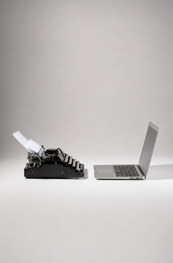 Fotografía de estudio minimalista con fondo gris que muestra una máquina de escribir clásica de color negro con papel en blanco frente a una computadora portátil moderna abierta, representando el contraste entre la tecnología analógica y la digital.