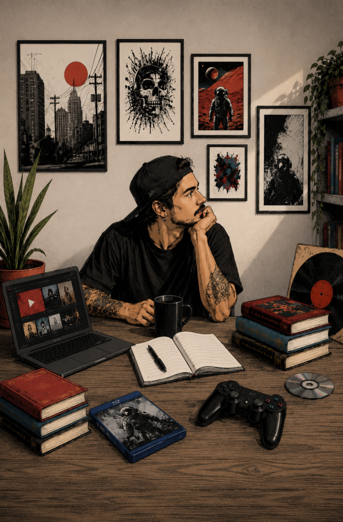Ilustración detallada de un joven con gorra y tatuajes sentado en su escritorio pensativo, rodeado de formatos de audio y video como un disco de vinilo analógico, un CD, un estuche de Blu-ray y una computadora portátil abierta reproduciendo una plataforma de streaming de video, con pósteres retro en la pared.