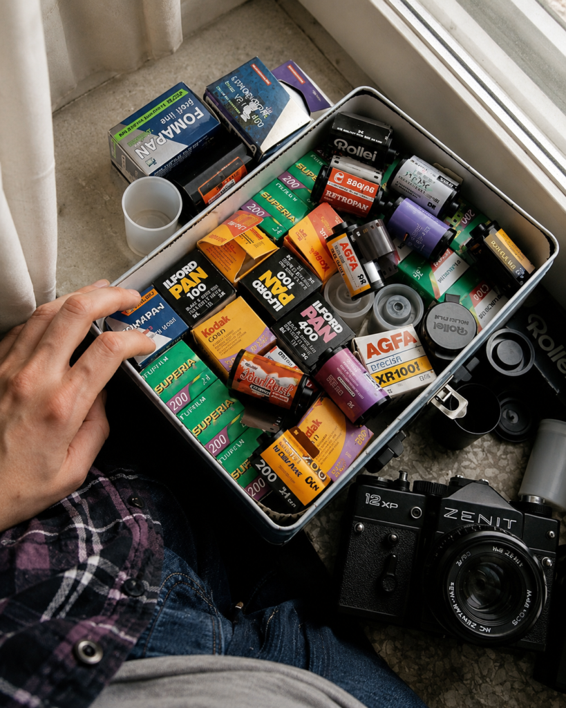 ista superior de una mano sosteniendo una caja metálica repleta de rollos y chasis de película fotográfica de 35mm de marcas como Fujifilm Superia, Ilford Pan, Agfa y Fomapan, al lado de una cámara analógica réflex Zenit 12xp negra sobre un pantalón de cuadros.