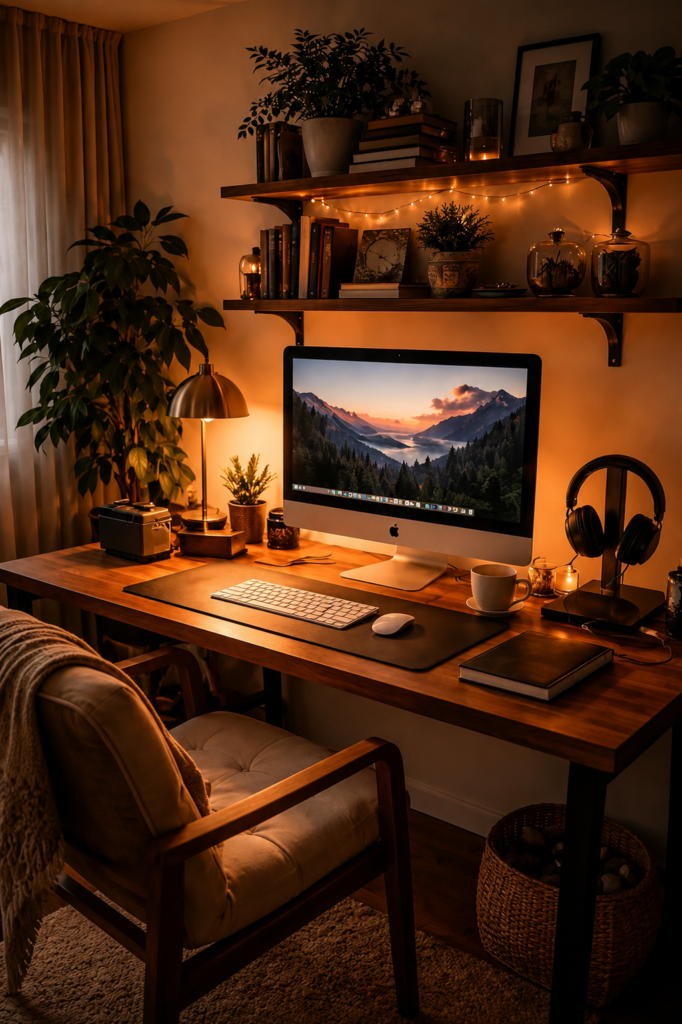 Escritorio de oficina en casa acogedor con computadora iMac, lámpara de mesa metálica, luces de hadas LED en repisas de madera y plantas de interior.