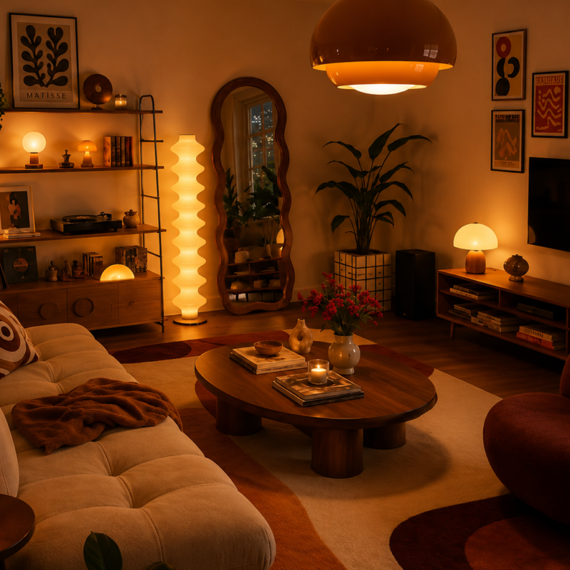 Sala de estar moderna de estilo Mid-Century iluminada con lámparas de luz cálida, una lámpara de pie ondulada ondulante y luces LED indirectas para crear un ambiente acogedor.