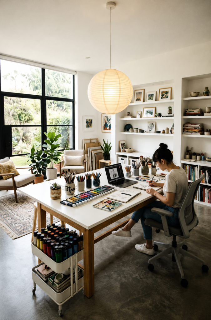 Estudio u oficina en casa muy iluminado con una gran ventana, una lámpara colgante esférica de papel sobre el escritorio blanco y estantes organizados.