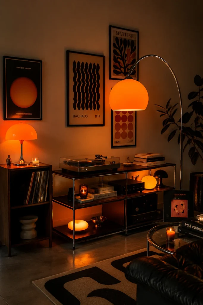 Rincón de música vintage iluminado con una lámpara de arco cromada de luz naranja, lámpara de mesa tipo hongo retro y repisas con discos de vinilo.