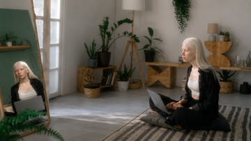 Cómo los catálogos digitales de moda mejoran la experiencia de compra en línea Una joven mujer albina de cabello largo y blanco viste ropa interior beige y camisa negra, sentada en el suelo de una sala de estar de diseño wabi sabi con plantas mientras interactúa con una laptop frente a un gran espejo que refleja su imagen.