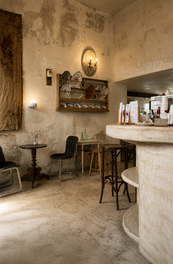 Diseño de interiores comercial en París inspirado en el estilo wabi sabi, con paredes de yeso rústico envejecido, un mostrador curvo de cemento pulido crudo, mobiliario vintage de madera y vajilla clásica expuesta.