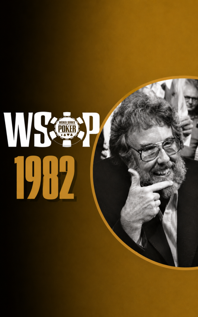 Diseño conmemorativo de la WSOP 1982 que muestra en blanco y negro al legendario jugador de póker Jack Straus sonriendo con gafas, creador de la famosa frase «a chip and a chair» en Las Vegas.