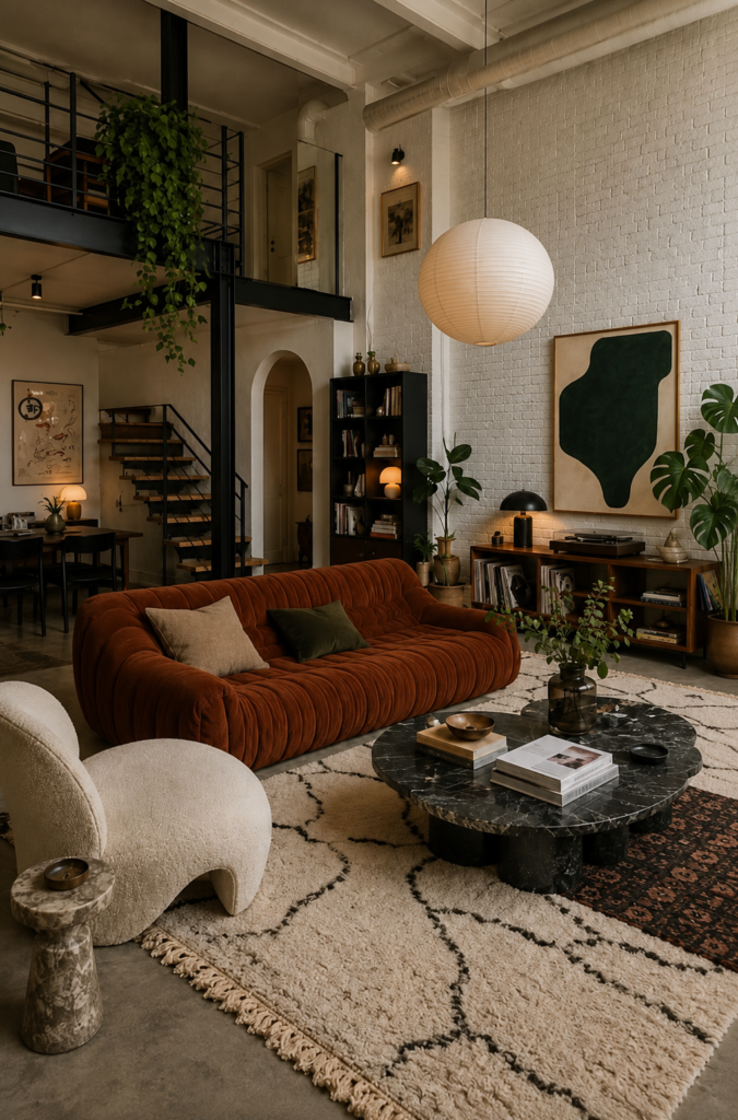 Sala de estar estilo loft industrial con techo alto, una gran lámpara colgante esférica de papel, luz ambiental suave y plantas colgantes decorativas.