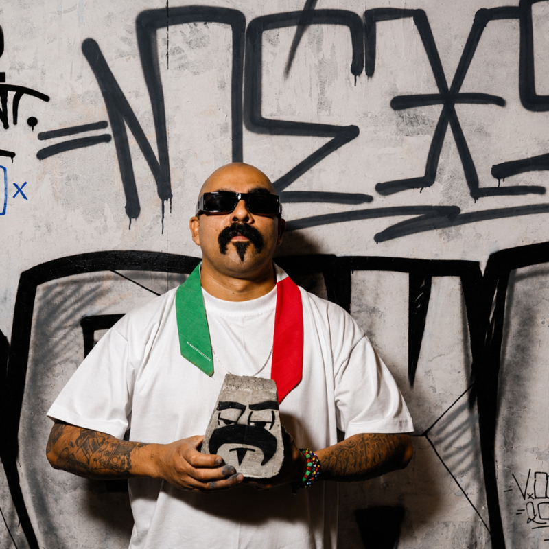 Marco Osorio, artista de Letronero Mexicano, posa con lentes de sol y una estola tricolor de México frente a una pared con graffitis y caligrafía urbana en la Ciudad de México