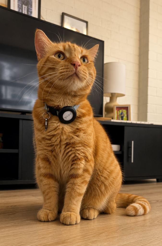 Gato doméstico atigrado de color naranja sentado en una sala mirando hacia arriba, usando un collar con el rastreador GPS circular negro de la marca PAWVA.