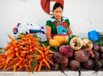 De la tierra a la mesa: guía de mercados agroecológicos en CDMX Mujer productora atendiendo un puesto con zanahorias frescas, betabeles y verduras de temporada en un mercado agroecológico de la Ciudad de México.