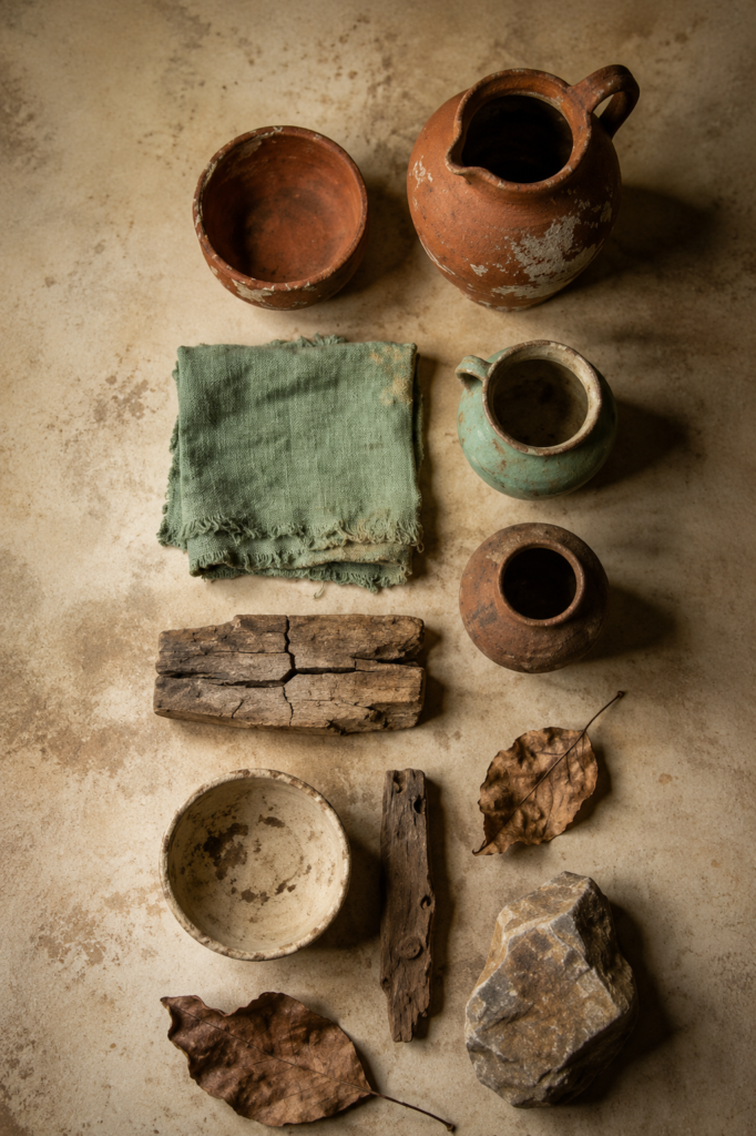 Moodboard de estilo wabi sabi compuesto por vasijas de barro envejecidas, cuencos de cerámica rústica, trozos de madera vieja agrietada, hojas secas de otoño y una tela de lino verde salvia sobre un fondo texturizado beige.