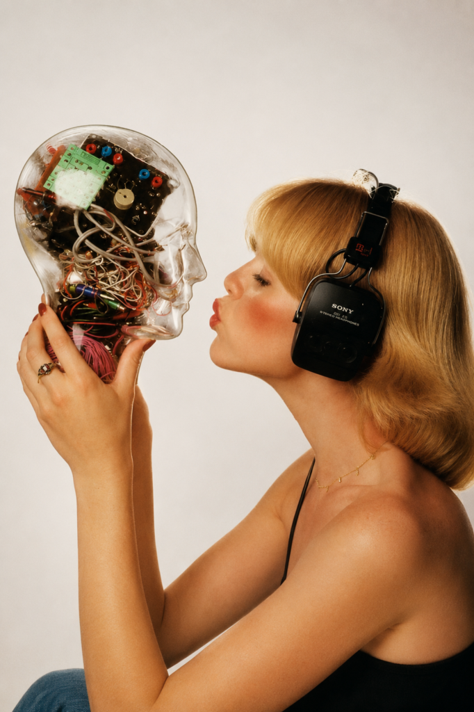 Fotografía publicitaria vintage de Sony de los años 70 que muestra de perfil a una mujer rubia con audífonos negros Sony DR-35 enviando un beso a una cabeza de maniquí transparente que tiene cables y circuitos electrónicos analógicos visibles en su interior.
