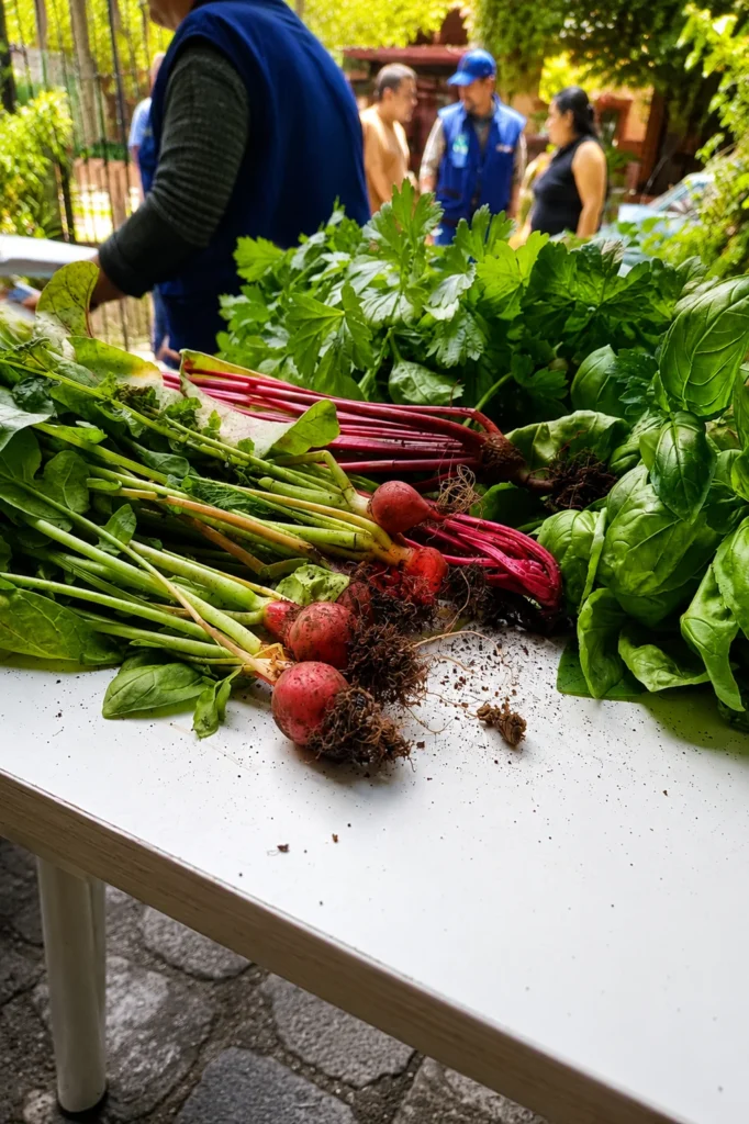 Puesto de un mercado agroecológico en CDMX con rábanos, acelgas y verduras frescas directo de los productores locales.