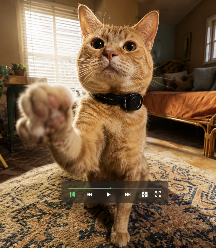 Gato doméstico de color naranja mirando a la cámara y extendiendo una de sus patas delanteras sobre un tapete, utilizando el rastreador GPS compacto Fi Mini en su collar turquesa con una interfaz digital superpuesta.