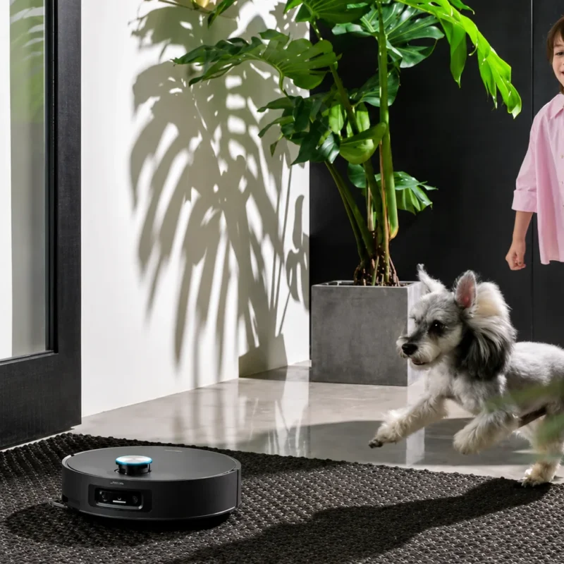 Un robot aspirador de color negro está en primer plano sobre una alfombra texturizada oscura. A la derecha, un niño con camisa rosa y pantalones cortos corre felizmente. A su lado, un perro de pelaje gris y blanco salta en el aire. El fondo muestra una sala de estar con una gran planta de interior en una maceta cuadrada gris y fuertes sombras proyectadas sobre una pared blanca.