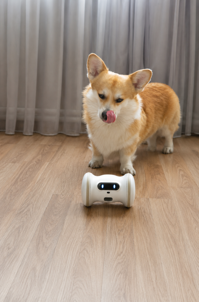 Un perro de raza Corgi parado sobre un suelo de madera y lamiéndose el hocico mientras mira un robot interactivo blanco de dos ruedas Varram Pet Fitness diseñado para dispensar premios y ejercitar mascotas.