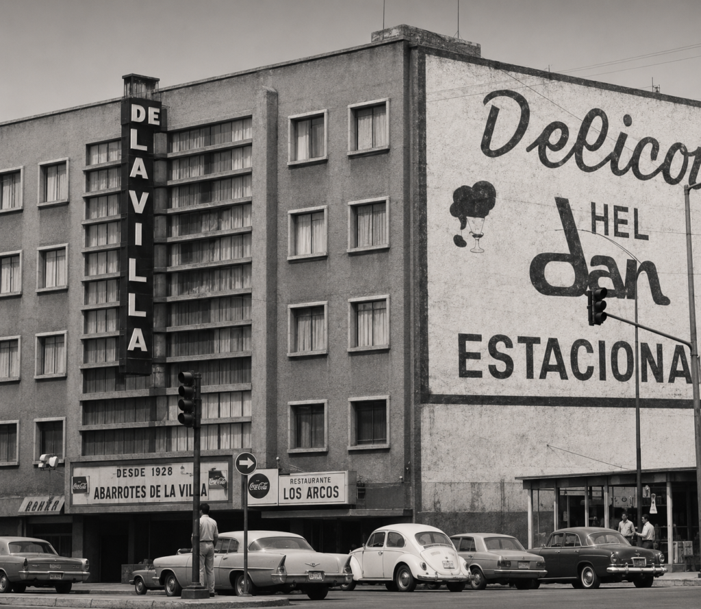 Vista exterior en blanco y negro del antiguo edificio del Cine De la Villa en los años 70, con automóviles clásicos estacionados y un gran anuncio publicitario pintado en su muro lateral en la Ciudad de México.