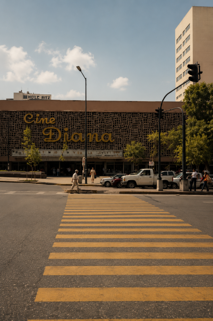 Vista vertical de la icónica fachada Art Decó con celosía geométrica del antiguo Cine Diana, mostrando el letrero dorado retro y un cruce peatonal en Paseo de la Reforma, Ciudad de México.