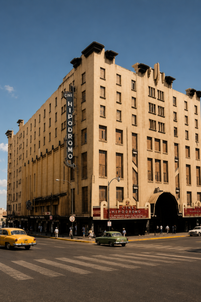 Fachada monumental de estilo funcionalista con influencia Art Decó del antiguo Cine Hipódromo, con letrero vertical y autos clásicos en la esquina de Progreso y Revolución, Ciudad de México.