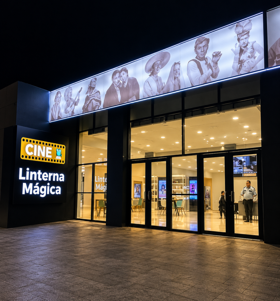 Vista nocturna exterior de la fachada iluminada del Cine Linterna Mágica del IMSS, con un mural superior de retratos de actores de la Época de Oro del cine mexicano, en la Unidad Independencia de la Ciudad de México.