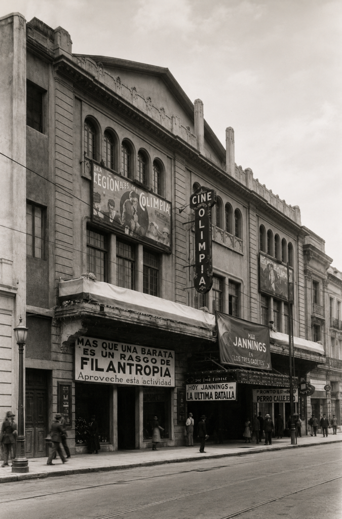 Fachada histórica en blanco y negro del antiguo Cine Olimpia en 1928, con marquesinas que anuncian películas mudas de Emil Jannings, ubicado en el Centro Histórico de la Ciudad de México.