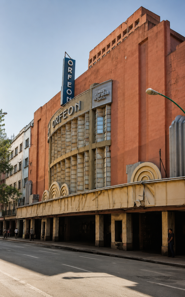 Vista exterior diurna de la fachada Art Decó deteriorada y abandonada del antiguo Cine Orfeón con su icónico letrero vertical en la calle Luis Moya, Centro Histórico de la Ciudad de México.
