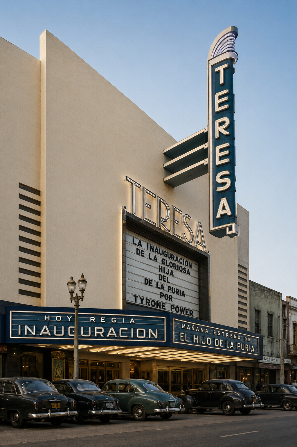 Fachada Art Decó con marquesina iluminada y el letrero vertical de neón del Cine Teresa en 1942, durante la reinauguración con la película El hijo de la furia en la Ciudad de México.