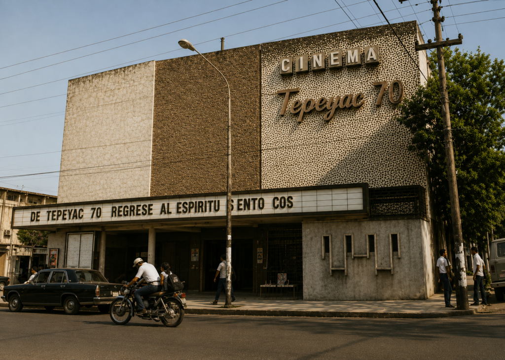 Fachada de estilo moderno del antiguo Cinema Tepeyac 70 con acabados de azulejo y piedra, mostrando letras en la marquesina y transeúntes en la Calzada de Guadalupe, Ciudad de México.