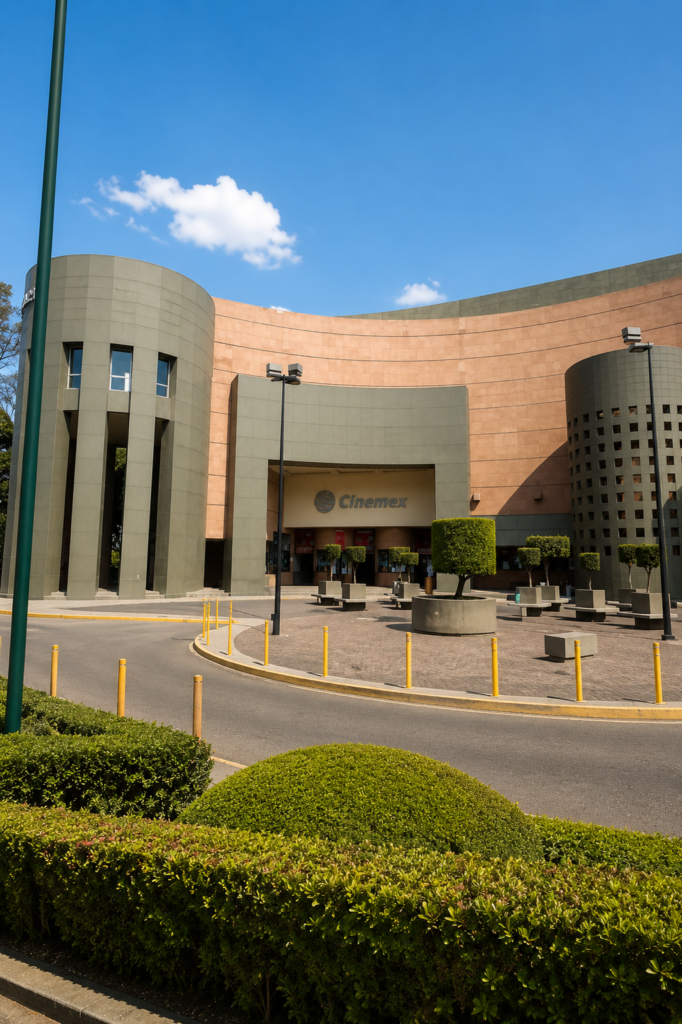 Fachada exterior posmoderna de la Cineteca Nacional de las Artes con su plaza circular, jardineras y el antiguo letrero de Cinemex en el Centro Nacional de las Artes, Ciudad de México.
