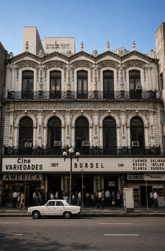 Antigua fachada porfiriana de cantera con arcos y balcones del Cine Variedades, resguardada por policías con escudos en la Avenida Juárez del Centro Histórico de la Ciudad de México.