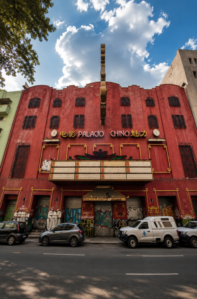 Fachada de color rosa deteriorada del antiguo Cine Palacio Chino, mostrando letras en español y caracteres chinos con la marquesina vacía, en la calle de Iturbide de la Ciudad de México.