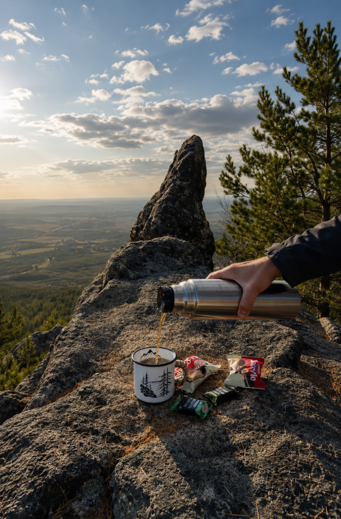 Mano de un excursionista sirviendo una bebida caliente desde un termo metálico hacia una taza esmaltada con dibujos de pinos sobre una roca, con snacks al lado y un bosque de fondo.