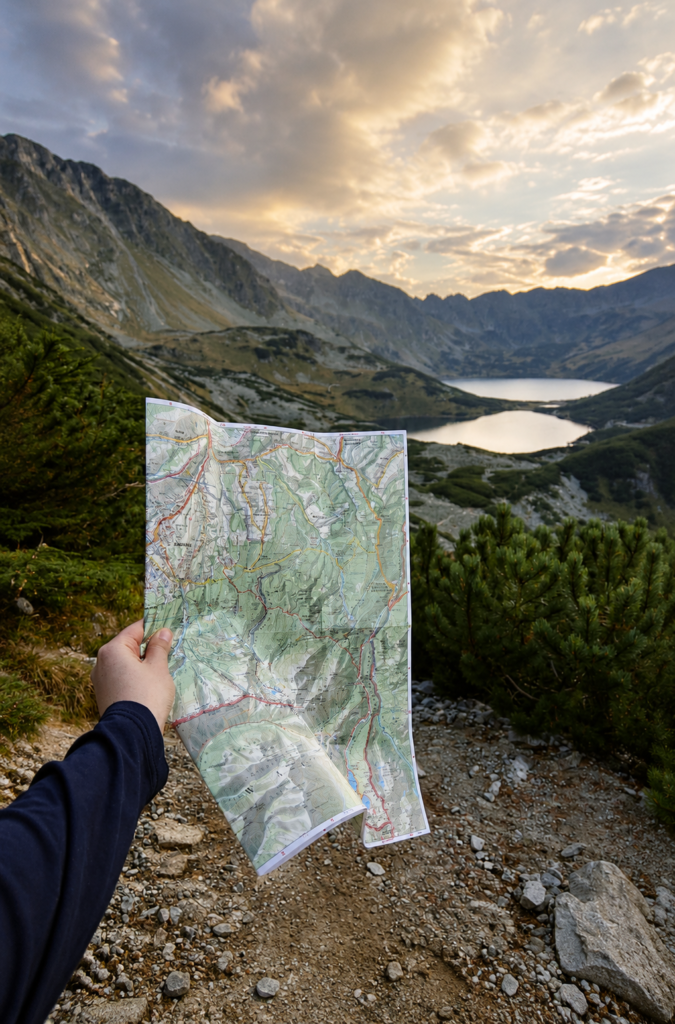 Mano de un excursionista sosteniendo un mapa topográfico abierto frente a un paisaje de lagos glaciares y montañas rocosas al atardecer.