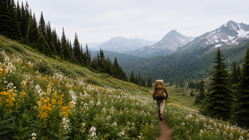 Senderismo en la montaña: guía para empezar y destinos en México Excursionista con mochila de montañismo caminando por un sendero rodeado de praderas de flores silvestres y montañas alpinas al fondo.