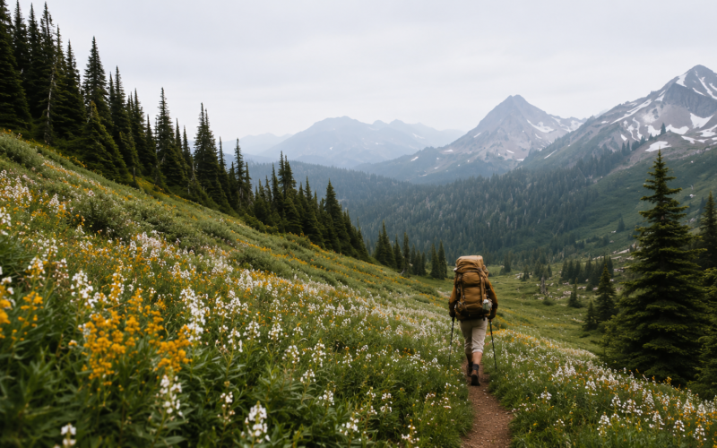 Excursionista con mochila de montañismo caminando por un sendero rodeado de praderas de flores silvestres y montañas alpinas al fondo.