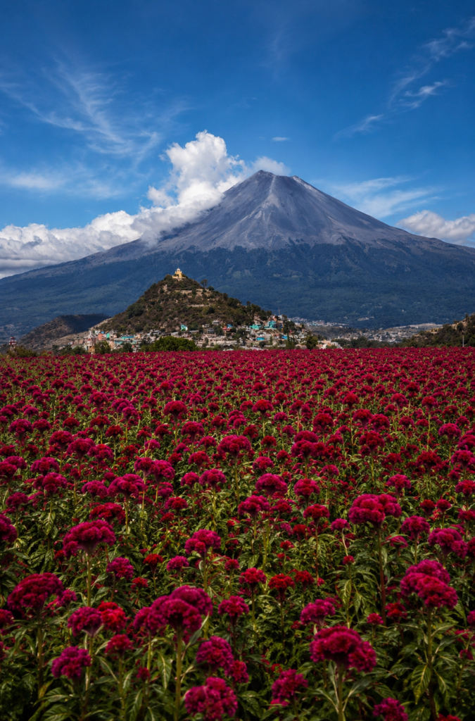 Vista panorámica del volcán Popocatépetl nevado al fondo, con el cerro de San Miguel y un inmenso campo de flores de terciopelo magenta al frente en Puebla.