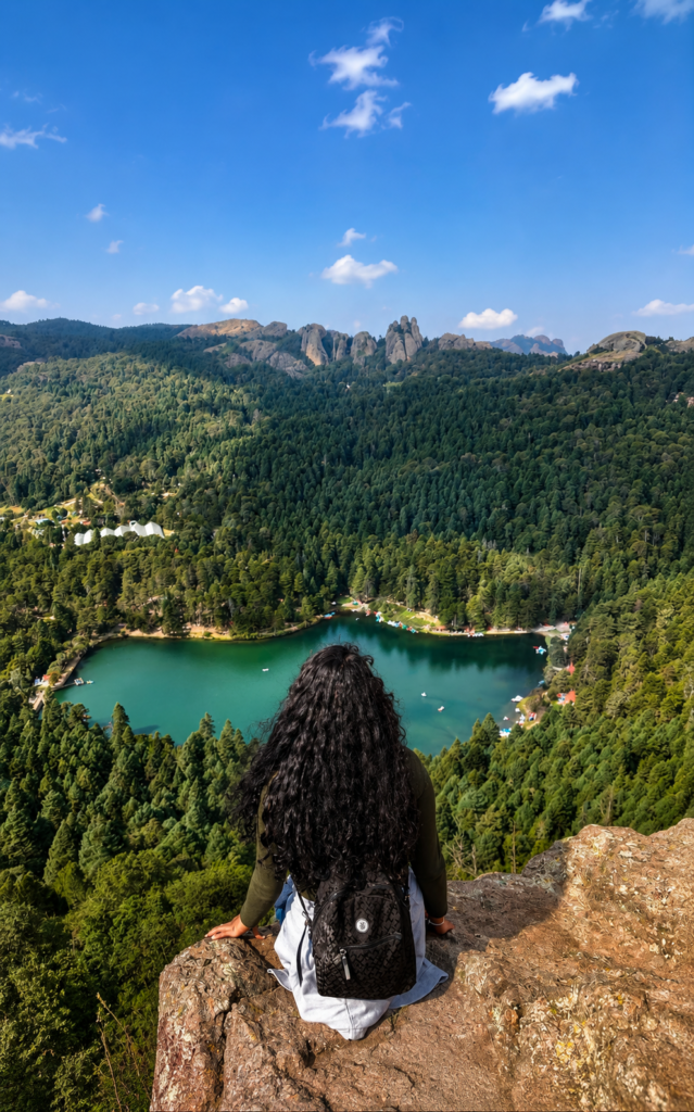 Excursionista con mochila de montaña sentada en la orilla de un acantilado rocoso, contemplando desde las alturas la Presa El Cedral y el denso bosque verde en Hidalgo, México.