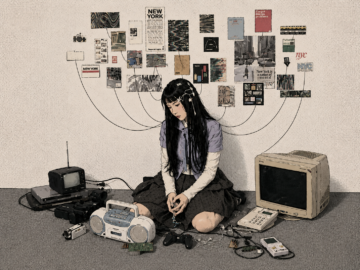 Formato físico, digital o streaming: ¿qué obtenemos al pagar? Ilustración de estilo anime retro que muestra a una joven rodeada de tecnología análoga y digital antigua, como un televisor de tubo CRT, un radiocassette, cintas de video VHS y un monitor viejo conectados a un mural de recortes e ideas sobre Nueva York.