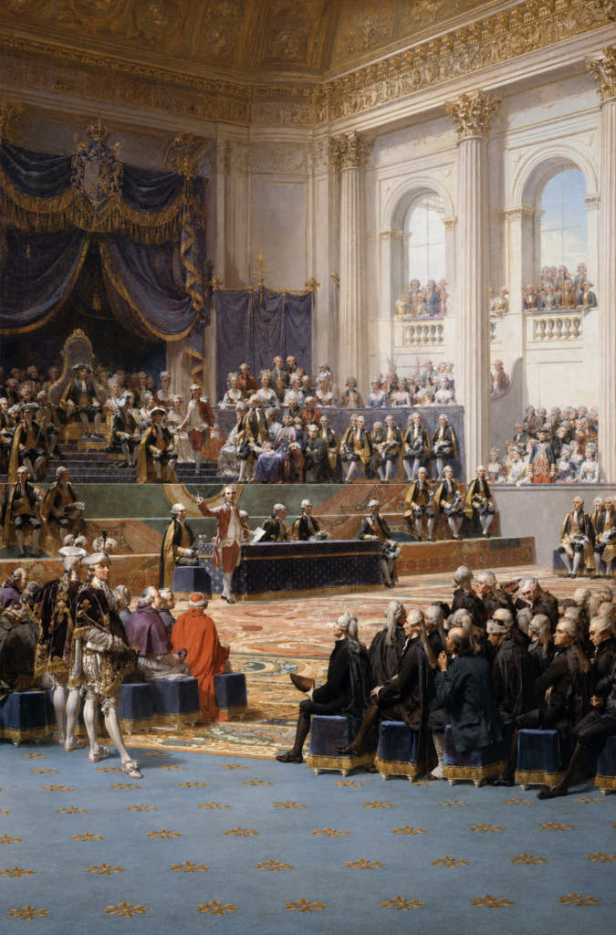 Pintura histórica al óleo de Auguste Couder que representa la apertura de los Estados Generales de 1789 en Versalles, Francia. El rey Luis XVI preside la asamblea ante los tres estamentos (clero, nobleza y el Tercer Estado), ilustrando el antiguo sistema donde el voto se ejercía colectivamente por corporación o estamento, y no de forma individual y universal.