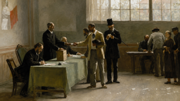 La historia del “voto por hogar”: la idea política del siglo XIX que volvió gracias a internet Pintura clásica al óleo de finales del siglo XIX que muestra un centro de votación histórico donde un grupo de hombres franceses de distintas clases sociales deposita su papeleta en una urna de madera. Al fondo a la derecha, se observa a una mujer y un anciano esperando detrás de la línea de votación, reflejando las limitaciones históricas del sufragio.