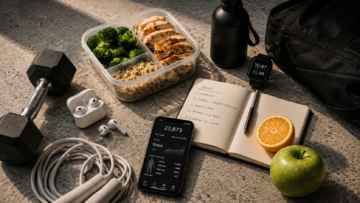 Wellness, productividad y presión: cómo saber si un hábito realmente te hace bien Vista superior de un espacio de trabajo y bienestar con un contenedor de comida saludable (pollo, brócoli y quinoa), un teléfono móvil mostrando una aplicación de registro de pasos diarios con 22,873 pasos, una libreta de notas con objetivos de entrenamiento y nutrición, audífonos inalámbricos, una cuerda para saltar, una mancuerna y frutas frescas como una manzana verde y media naranja.