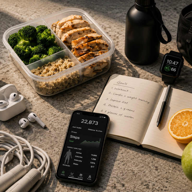 Vista superior de un espacio de trabajo y bienestar con un contenedor de comida saludable (pollo, brócoli y quinoa), un teléfono móvil mostrando una aplicación de registro de pasos diarios con 22,873 pasos, una libreta de notas con objetivos de entrenamiento y nutrición, audífonos inalámbricos, una cuerda para saltar, una mancuerna y frutas frescas como una manzana verde y media naranja.